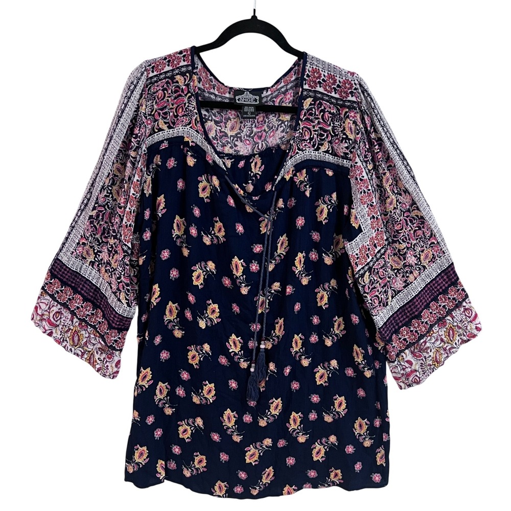 ANGIE Women Large Black Multi Floral Print Tassel Boho Tunic Top - READ